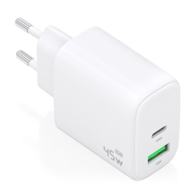 AISENS Cargador GaN 45W, 1xUSB-C PD3.0 QC4.0, 1xUSB-A QC3.0