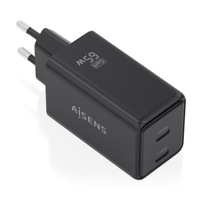 AISENS Cargador GaN 65W, 2xUSB-C PD3.0 QC4.0, Negro