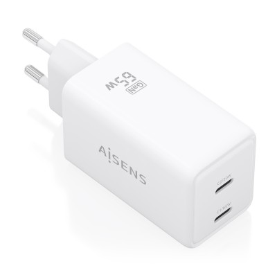 AISENS Cargador GaN 65W, 2xUSB-C PD3.0 QC4.0, Blanco