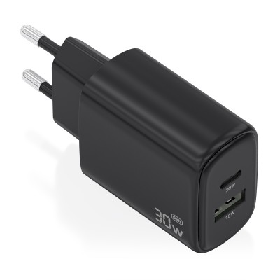 AISENS Cargador GaN 30W, 1xUSB-C PD3.0 QC4.0, 1xUSB-A QC3.0, Negro