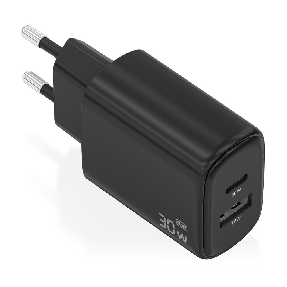 AISENS Cargador GaN 30W, 1xUSB-C PD3.0 QC4.0, 1xUSB-A QC3.0, Negro